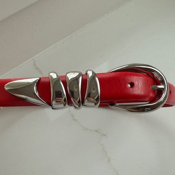 Madewell Red Leather Belt with Silver Buckle - Picture 3 of 4